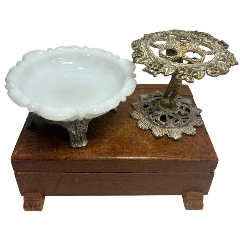 Milk Glass Trinket Dish and Cherub Lipstick Holder Vanity Set Gold Tone Vintage